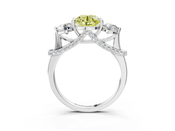 White Gold Round Curved Pave Three Stone Engagement Ring Setting for Fancy Yellow Center