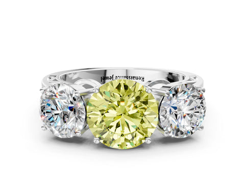 White gold Fancy Yellow Round Cut Diamond Three-Stone Ring with Prong Setting and Textured Band