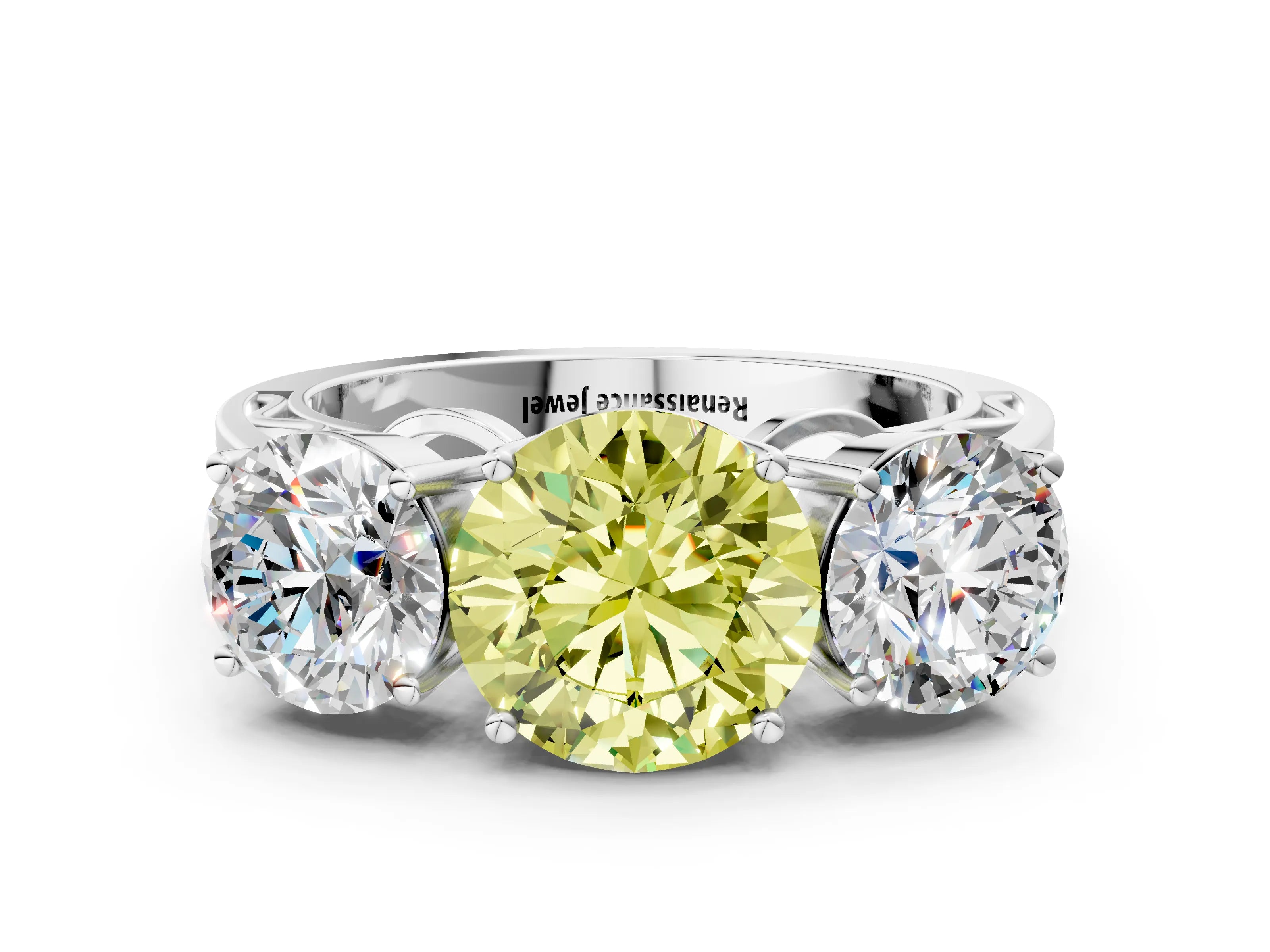 White gold Fancy Yellow Round Cut Diamond Three-Stone Ring with Prong Setting and Textured Band_12
