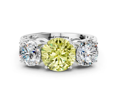 White gold Fancy Yellow Round Cut Diamond Three-Stone Ring with Prong Setting and Textured Band_12