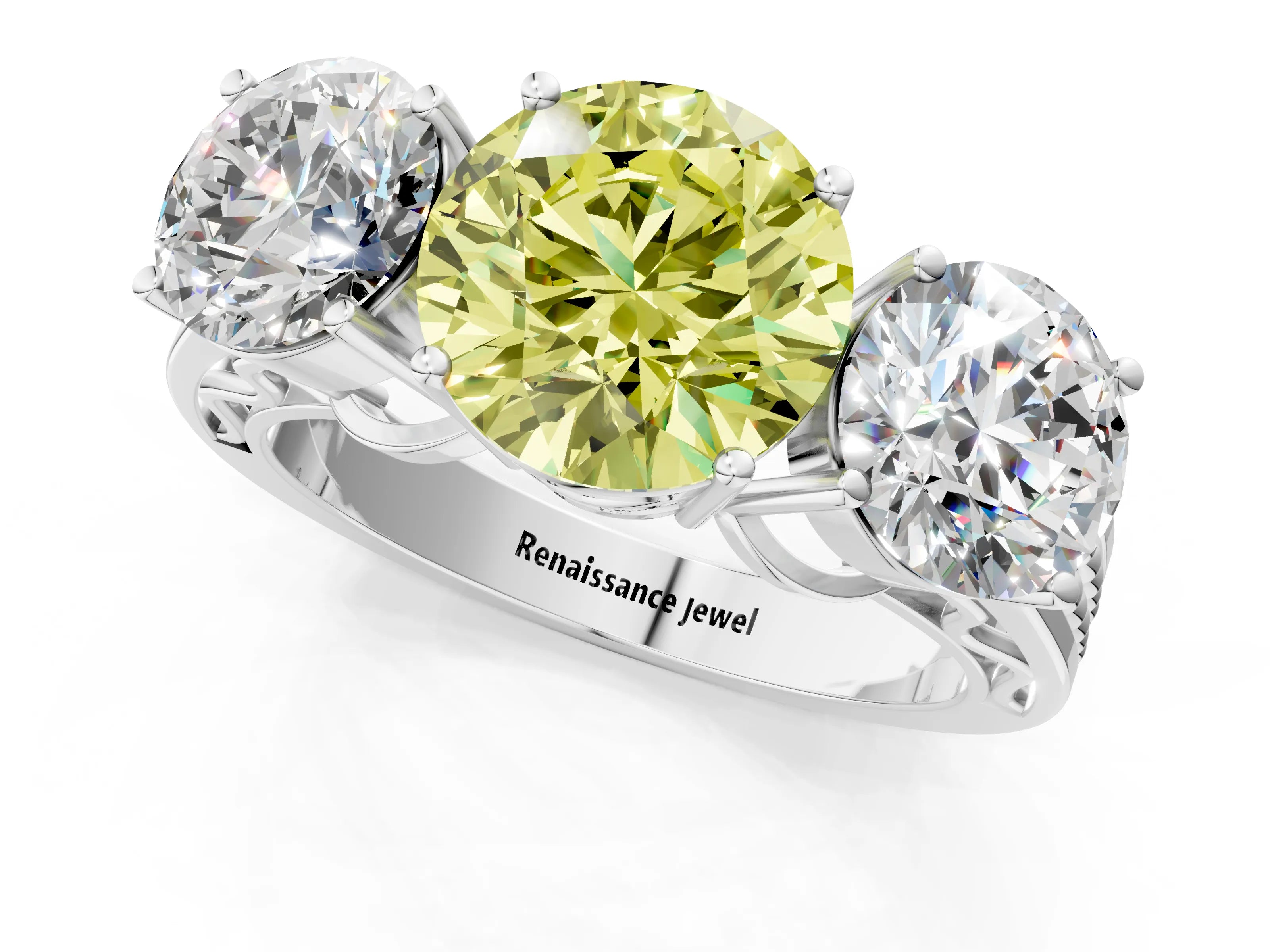 White gold Fancy Yellow Round Cut Diamond Three-Stone Ring with Prong Setting and Textured Band_13