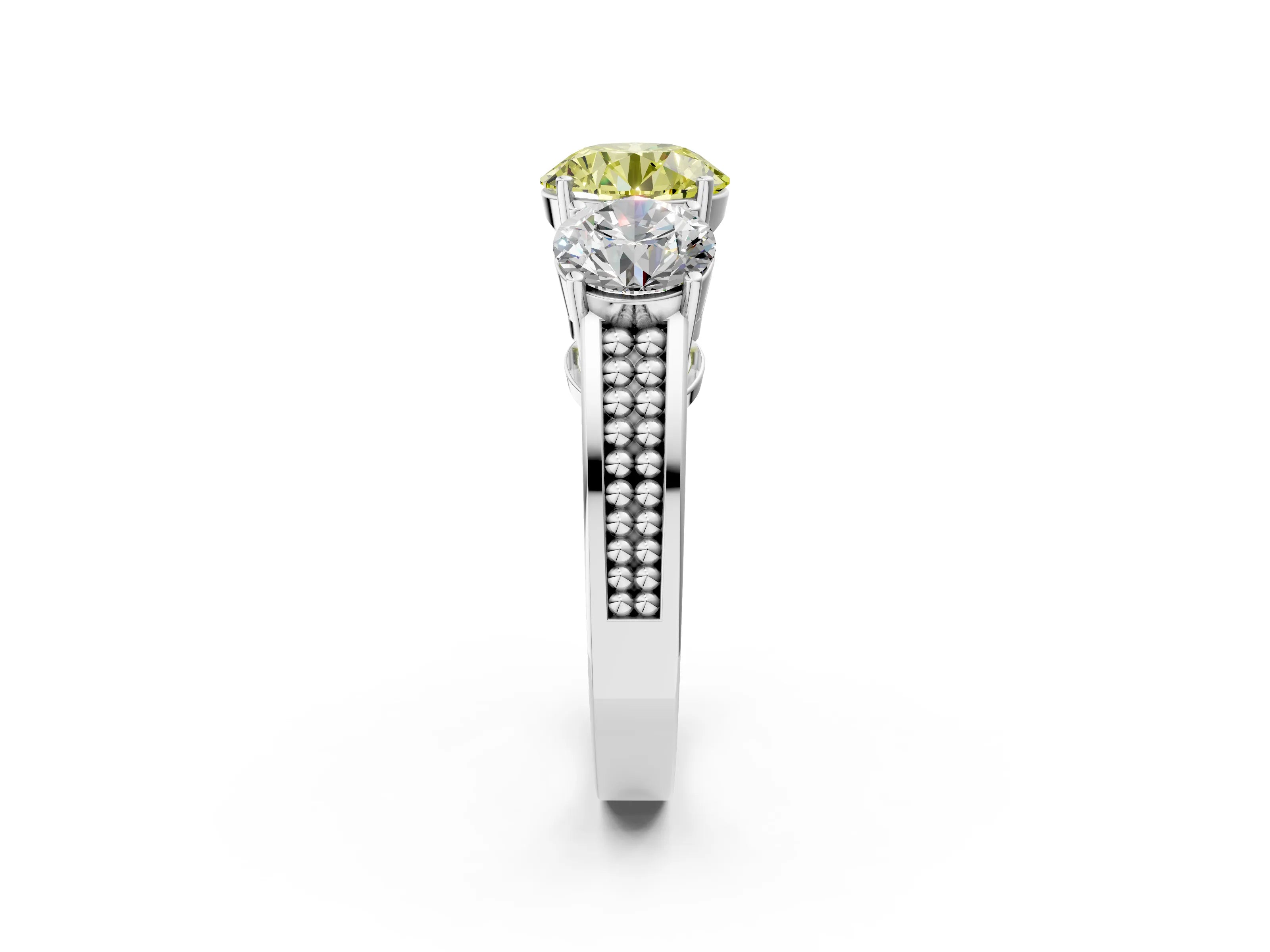 White gold Fancy Yellow Round Cut Diamond Three-Stone Ring with Prong Setting and Textured Band_14