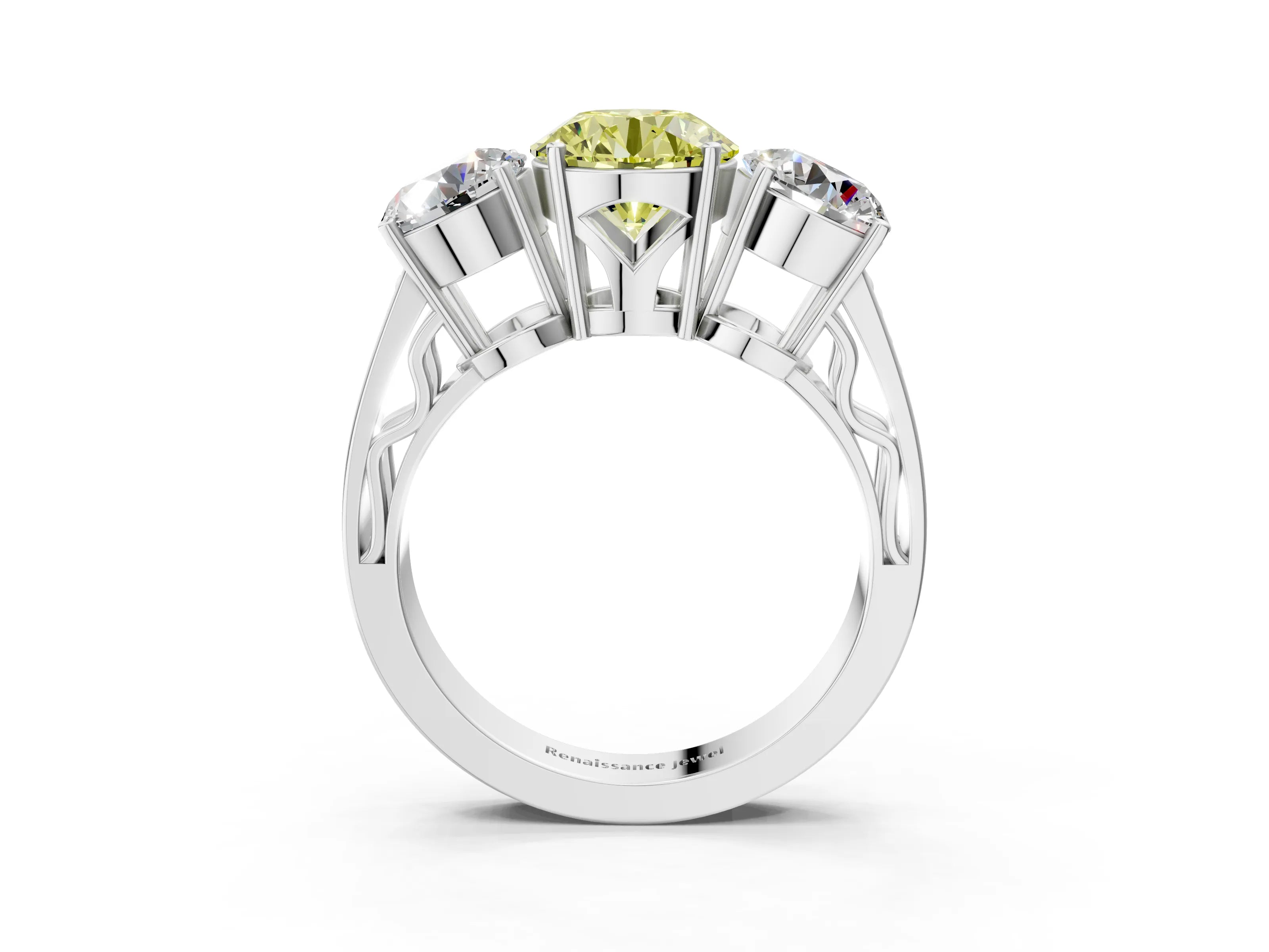 White gold Fancy Yellow Round Cut Diamond Three-Stone Ring with Prong Setting and Textured Band_15
