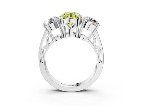 White gold Fancy Yellow Round Cut Diamond Three-Stone Ring with Prong Setting and Textured Band_15