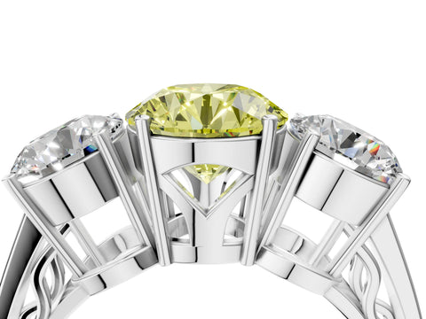 White gold Fancy Yellow Round Cut Diamond Three-Stone Ring with Prong Setting and Textured Band_16