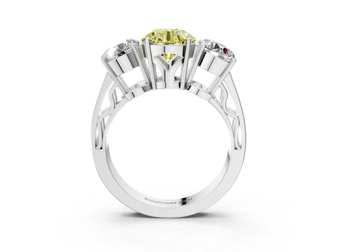 White gold Fancy Yellow Round Cut Diamond Three-Stone Ring with Prong Setting and Textured Band_3