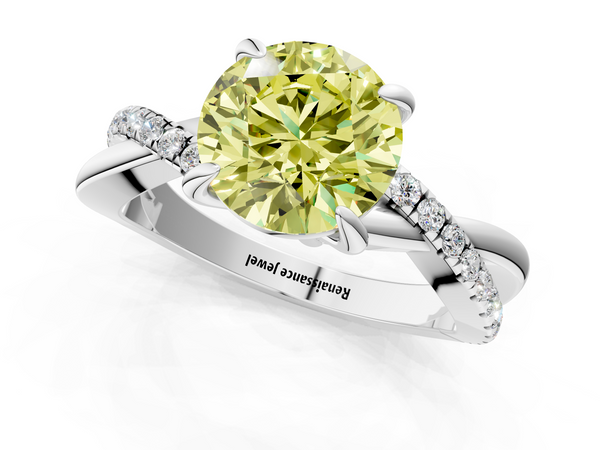 White gold Fancy Yellow Round  Cut Diamond Twist Band Solitaire with Prong Setting