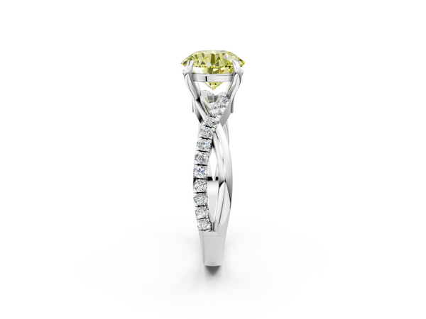 White gold Fancy Yellow Round  Cut Diamond Twist Band Solitaire with Prong Setting