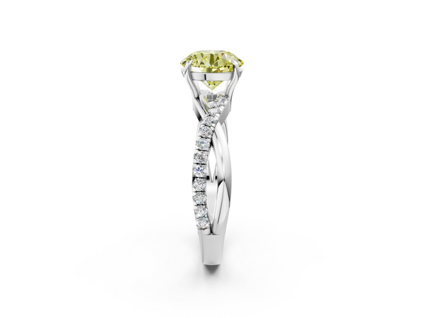 Platinum Fancy Yellow Round  Cut Diamond Twisted Band with Pavé Setting and Four-Prong Setting