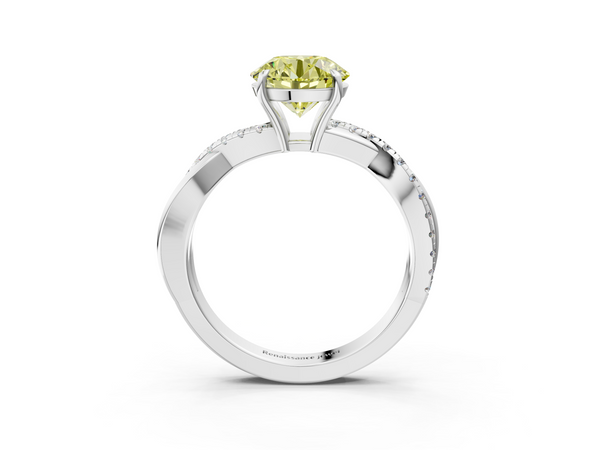 Platinum Fancy Yellow Round  Cut Diamond Twisted Band with Pavé Setting and Four-Prong Setting