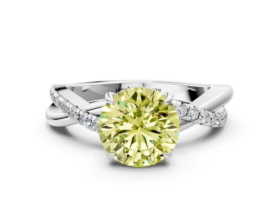 White gold Fancy Yellow Round  Cut Diamond Twisted Band with Pavé Setting and Four-Prong Setting