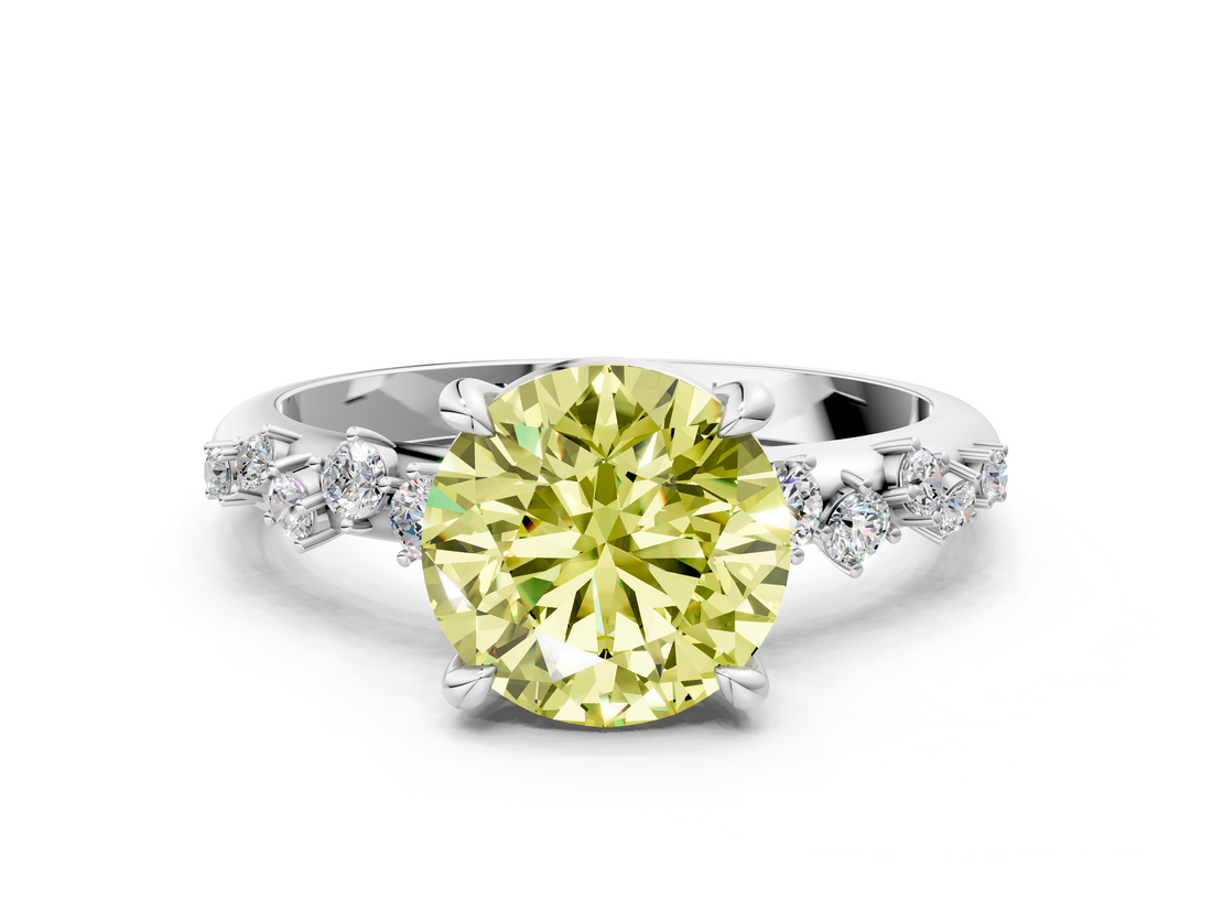 White gold Fancy Yellow Round  Cut Diamond Vine Band with Four-Prong Setting