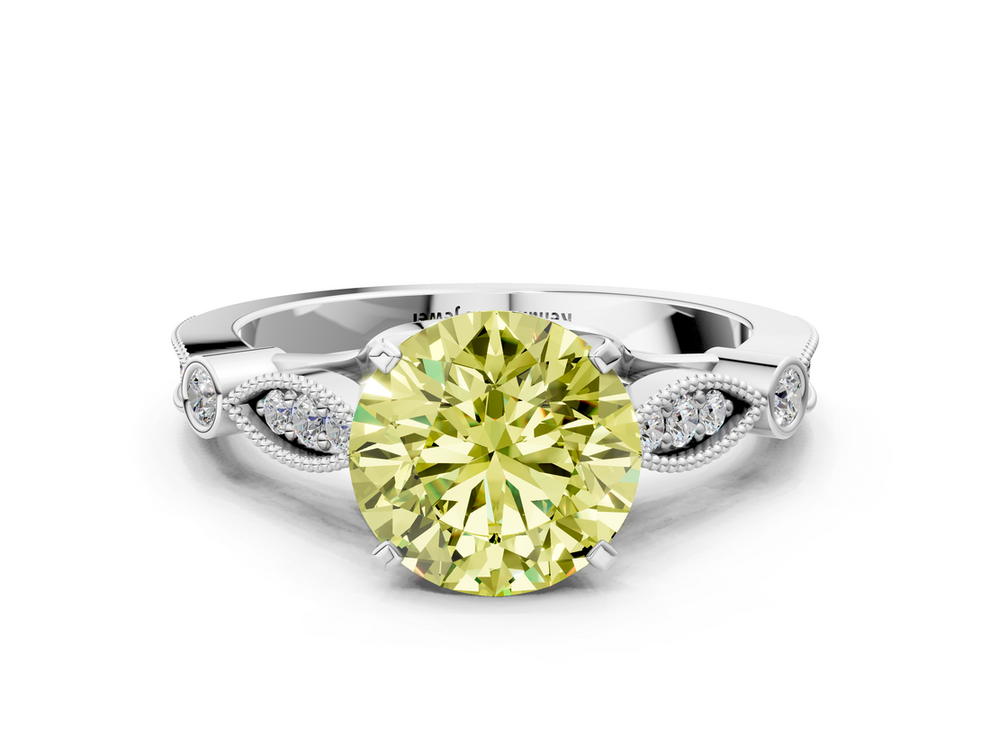 White gold Fancy Yellow Round  Cut Diamond with Milgrain Marquise and Bezel Accents on a Solitaire Band with Prong Setting