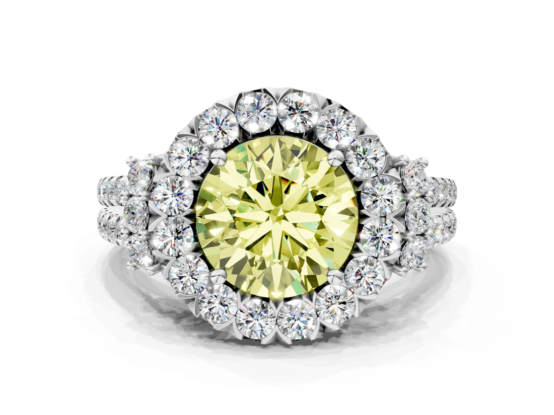 White gold Fancy Yellow Round  Cut Double Halo Diamond Engagement Ring with Pave Band and Four-Prong Setting_38