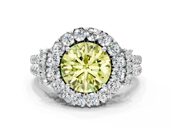 White gold Fancy Yellow Round  Cut Double Halo Diamond Engagement Ring with Pave Band and Four-Prong Setting