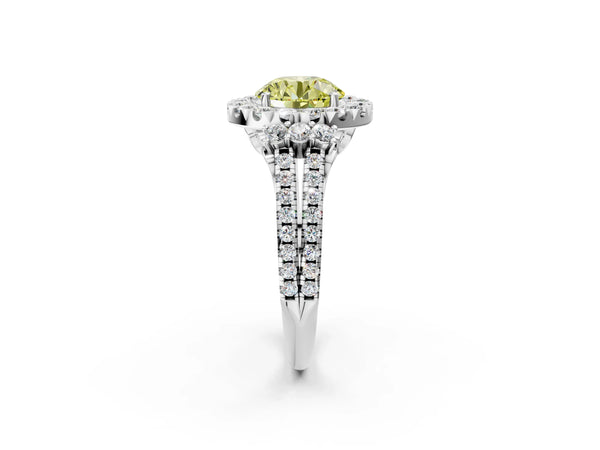 White gold Fancy Yellow Round  Cut Double Halo Diamond Engagement Ring with Pave Band and Four-Prong Setting