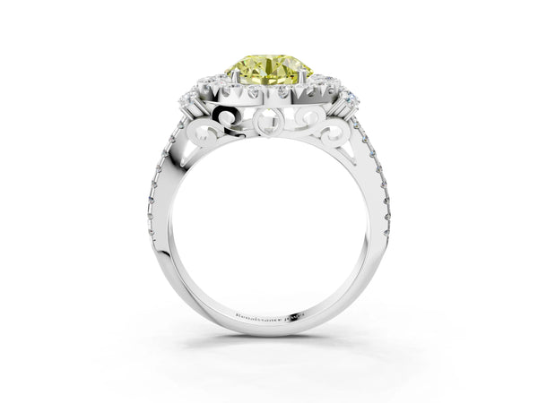 White gold Fancy Yellow Round  Cut Double Halo Diamond Engagement Ring with Pave Band and Four-Prong Setting