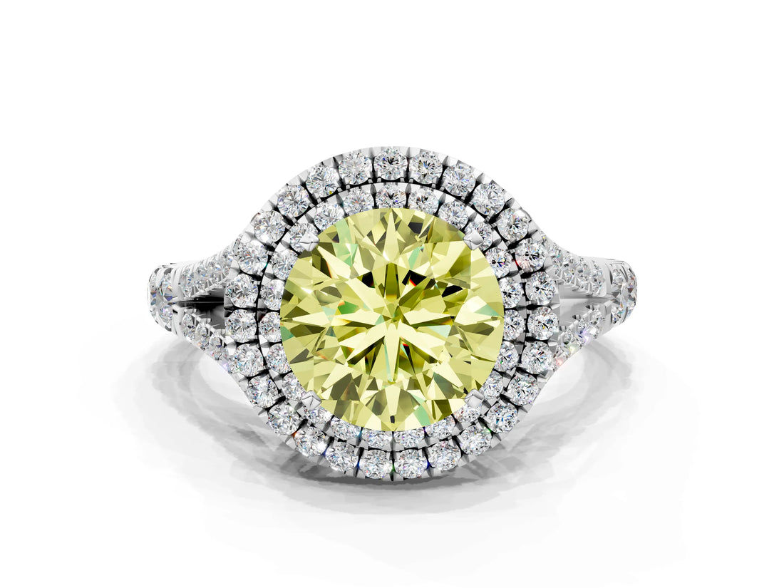 White gold Fancy Yellow Round  Cut Double Halo Split Shank Diamond Ring with Prong Setting_46