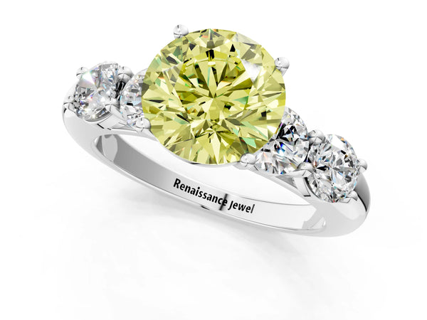 White gold Fancy Yellow Round  Cut Five-Stone Prong Set Diamond Ring with Classic Band
