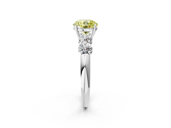 White gold Fancy Yellow Round  Cut Five-Stone Prong Set Diamond Ring with Classic Band