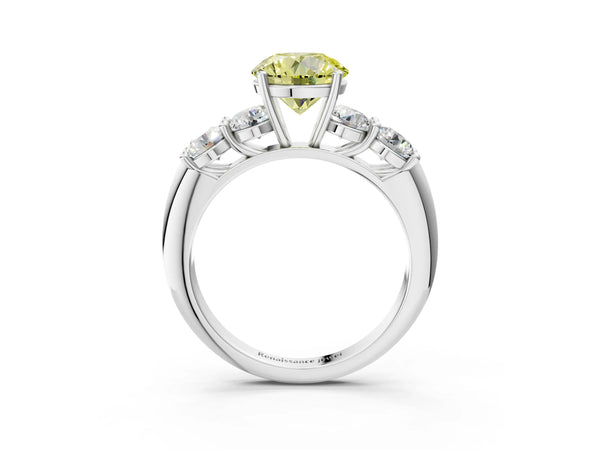 White gold Fancy Yellow Round  Cut Five-Stone Prong Set Diamond Ring with Classic Band