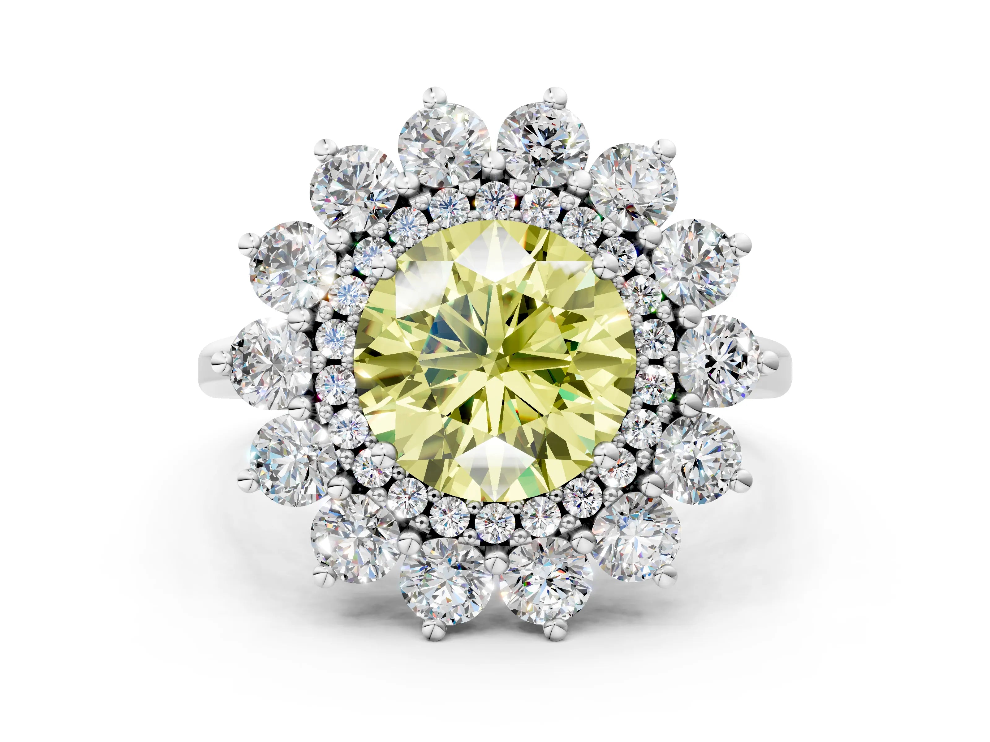 White gold Fancy Yellow Round Cut Halo Cluster Diamond Ring with Pave Band and Four-Prong Setting_12