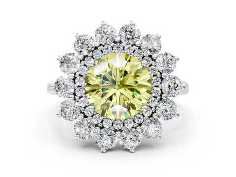 White gold Fancy Yellow Round Cut Halo Cluster Diamond Ring with Pave Band and Four-Prong Setting_12