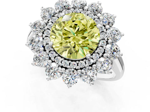 White gold Fancy Yellow Round Cut Halo Cluster Diamond Ring with Pave Band and Four-Prong Setting_13