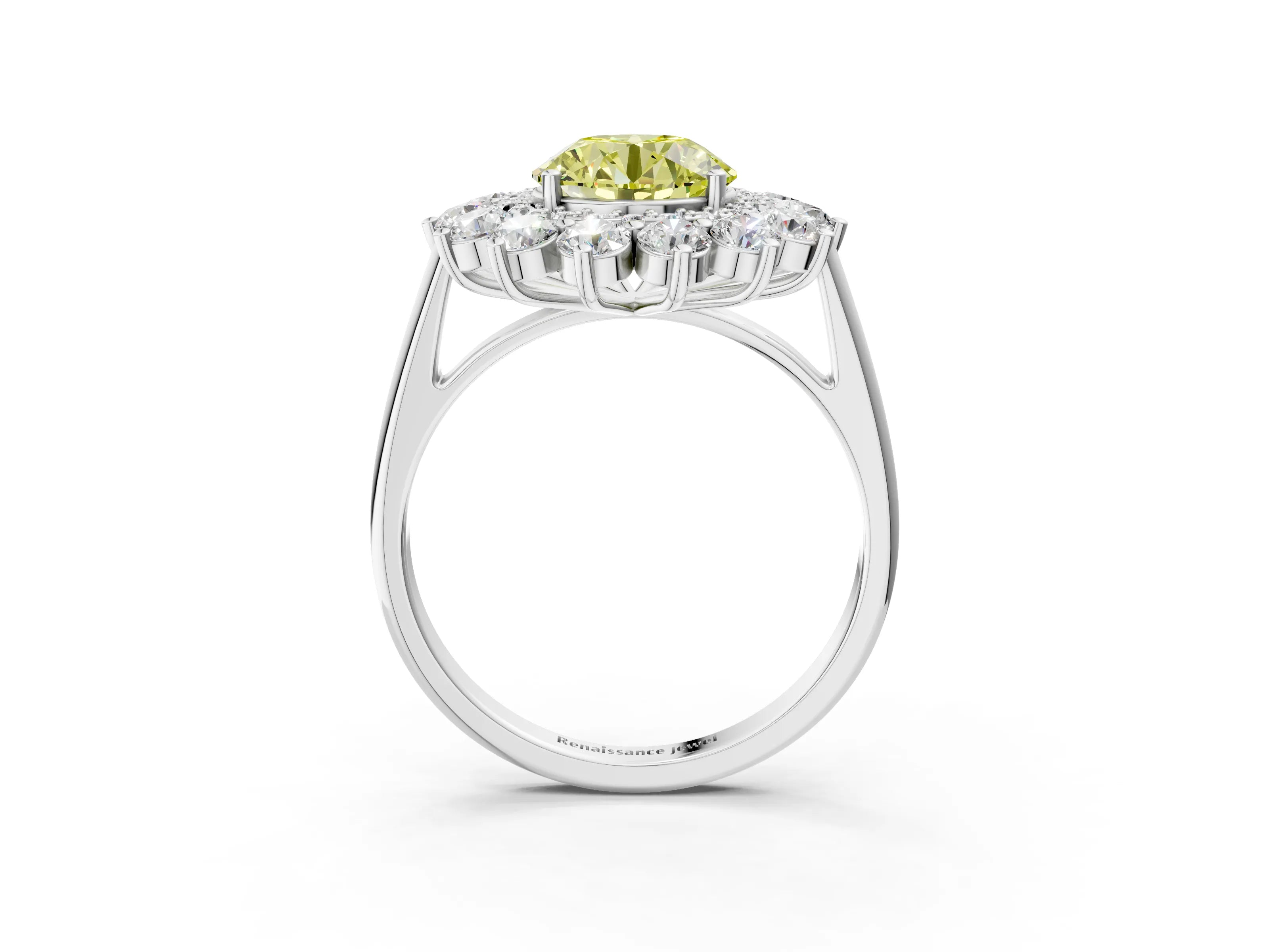White gold Fancy Yellow Round Cut Halo Cluster Diamond Ring with Pave Band and Four-Prong Setting_15