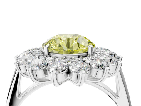 White gold Fancy Yellow Round Cut Halo Cluster Diamond Ring with Pave Band and Four-Prong Setting_16