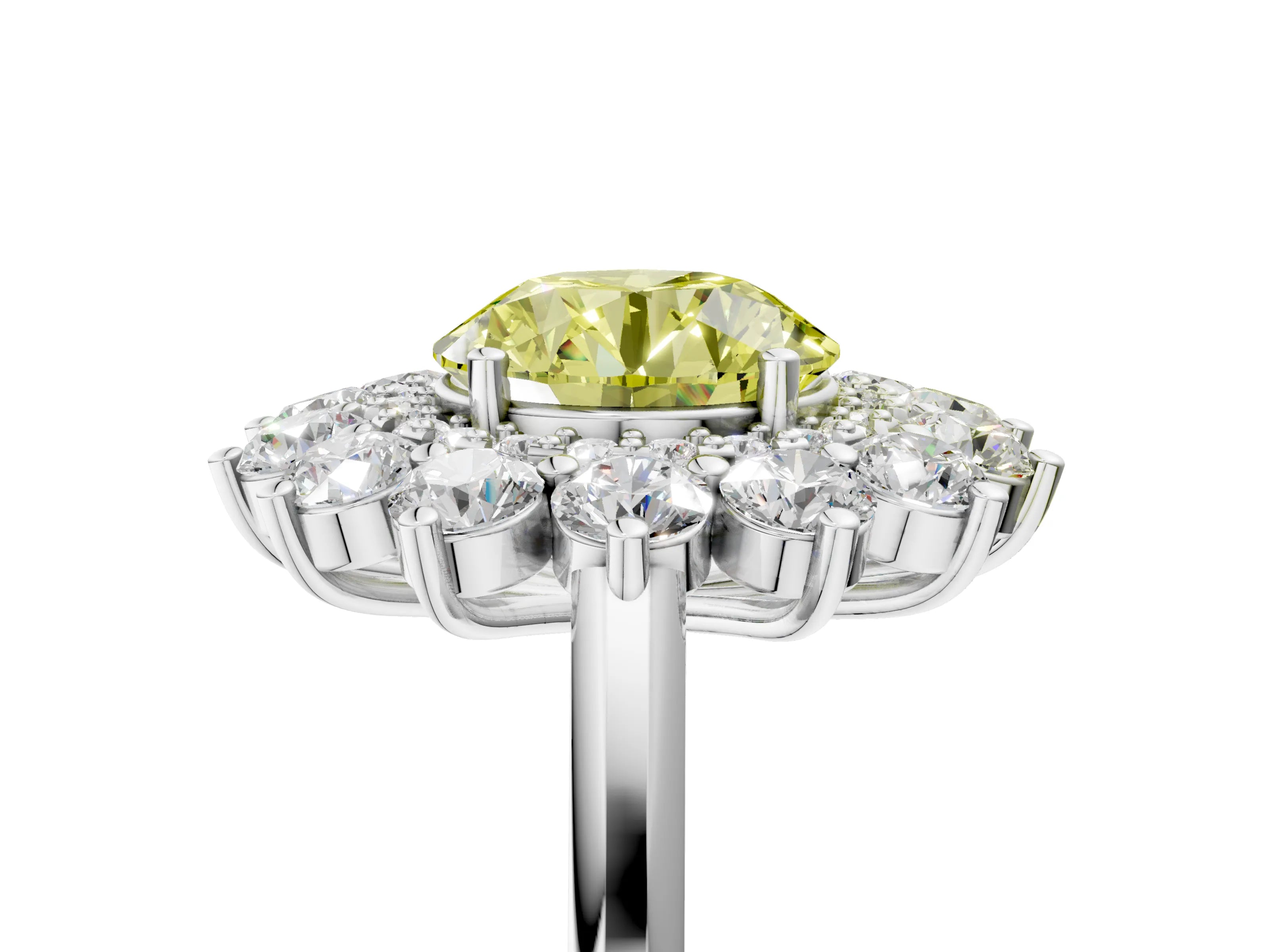 White gold Fancy Yellow Round Cut Halo Cluster Diamond Ring with Pave Band and Four-Prong Setting_17
