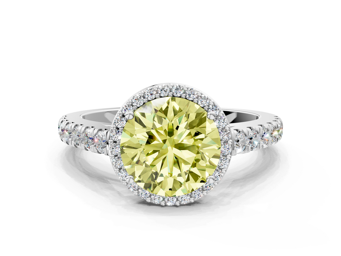 White gold Fancy Yellow Round  Cut Halo Diamond Engagement Ring with Pave Band and Four-Prong Setting