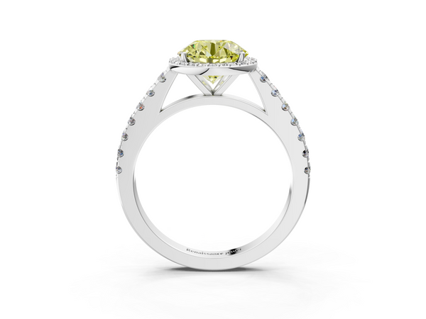 Platinum Fancy Yellow Round  Cut Halo Diamond Engagement Ring with Pave Band and Four-Prong Setting