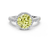 White gold Fancy Yellow Round  Cut Halo Diamond Engagement Ring with Pave Band and Four-Prong Setting