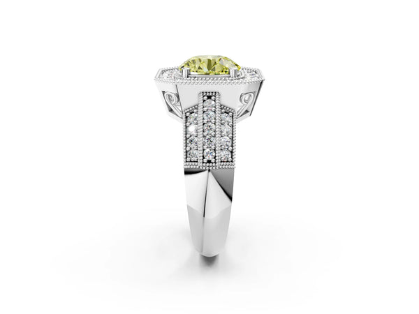 White gold Fancy Yellow Round Cut Halo Diamond Engagement Ring with Pave Split Shank and Four-Prong Setting