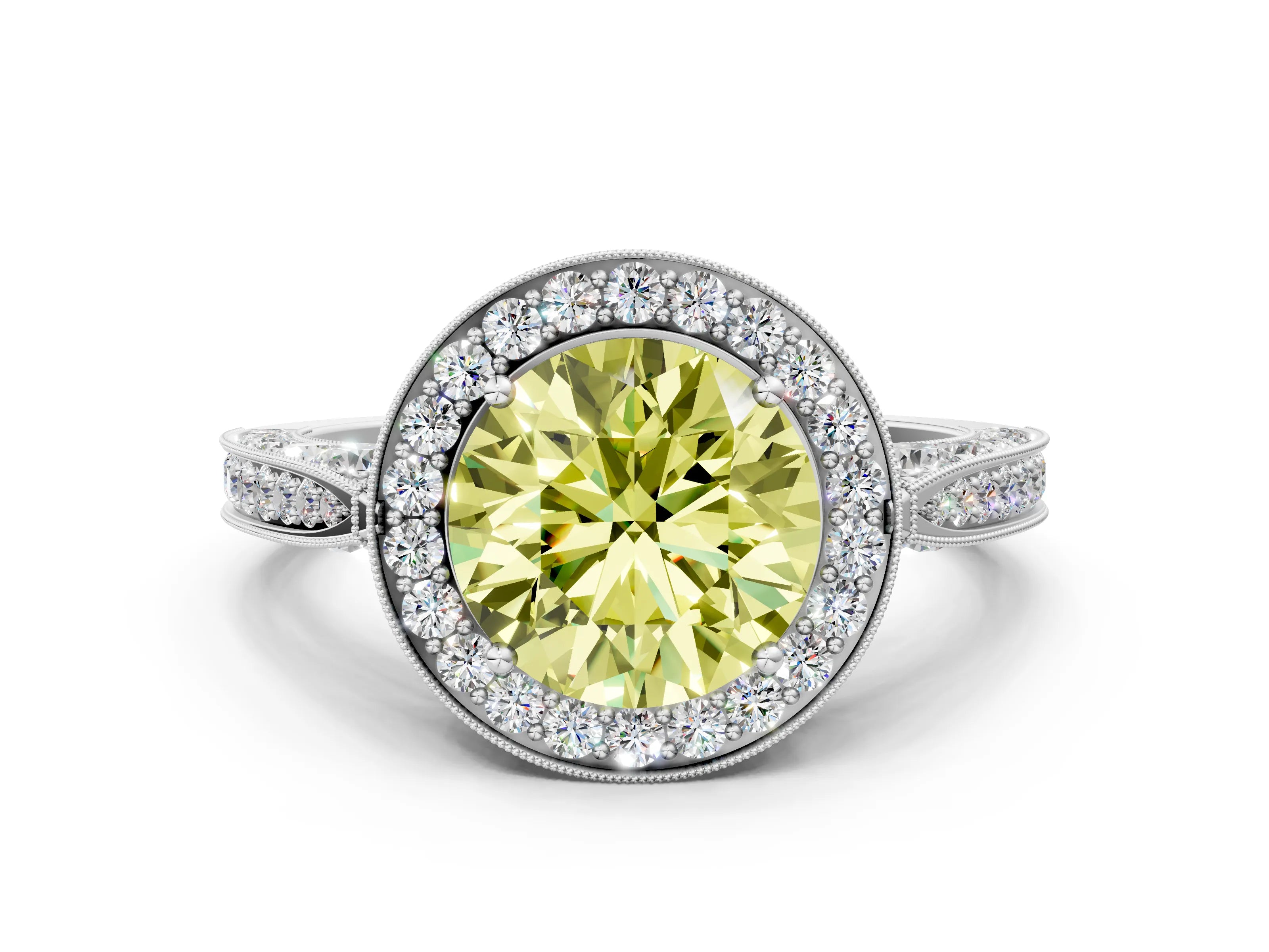 White gold Fancy Yellow Round Cut Halo Diamond Engagement Ring with Split Shank Band and Four-Prong Setting_12