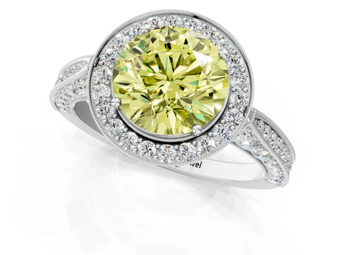 White gold Fancy Yellow Round Cut Halo Diamond Engagement Ring with Split Shank Band and Four-Prong Setting_13