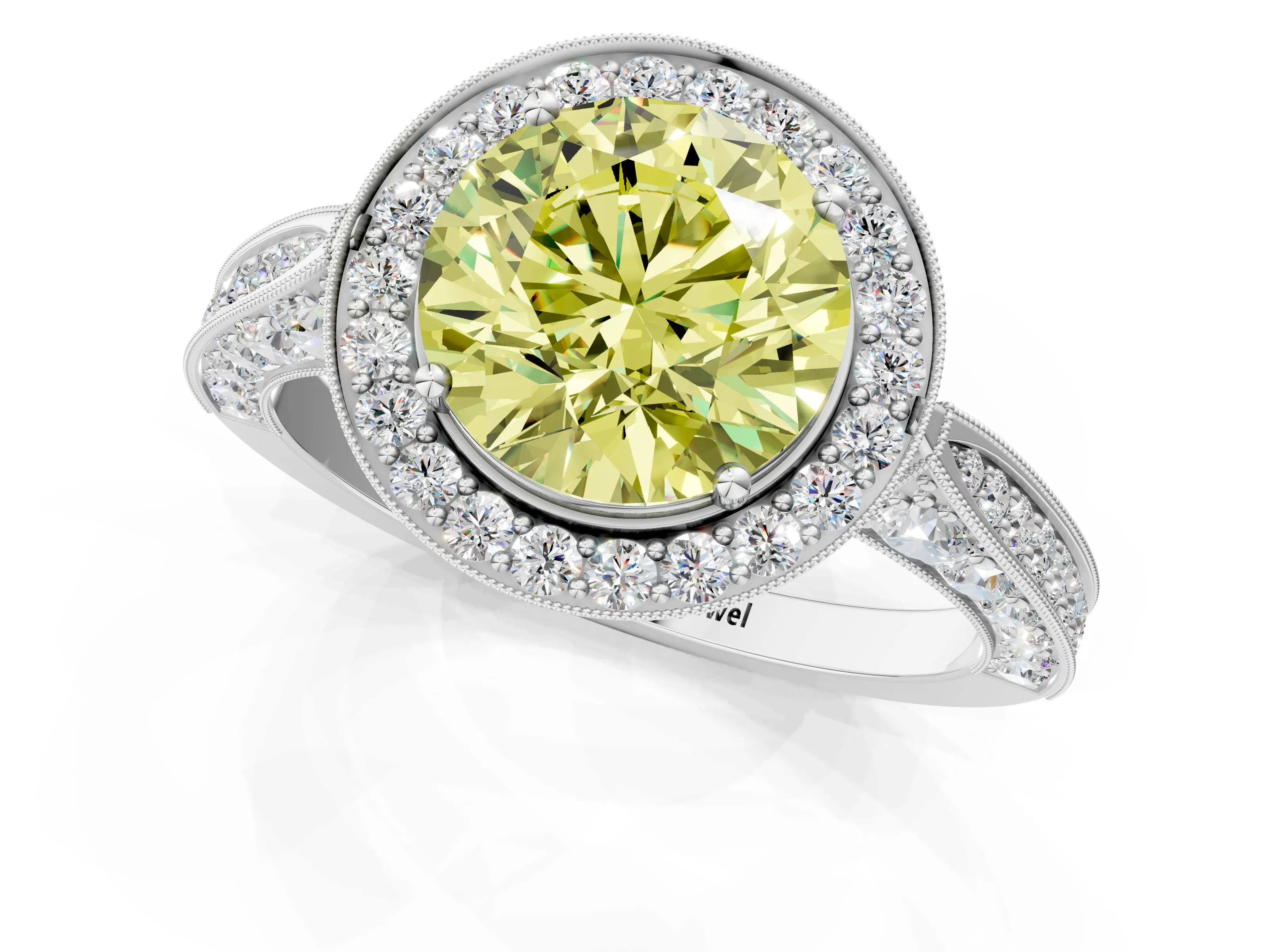 White gold Fancy Yellow Round Cut Halo Diamond Engagement Ring with Split Shank Band and Four-Prong Setting_13