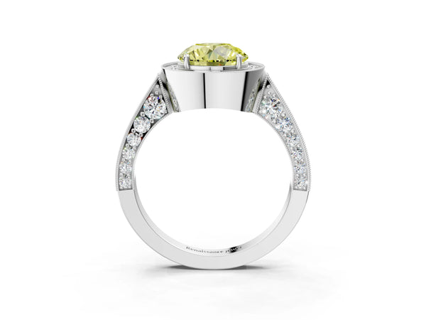 Platinum Fancy Yellow Round Cut Halo Diamond Engagement Ring with Split Shank Band and Four-Prong Setting
