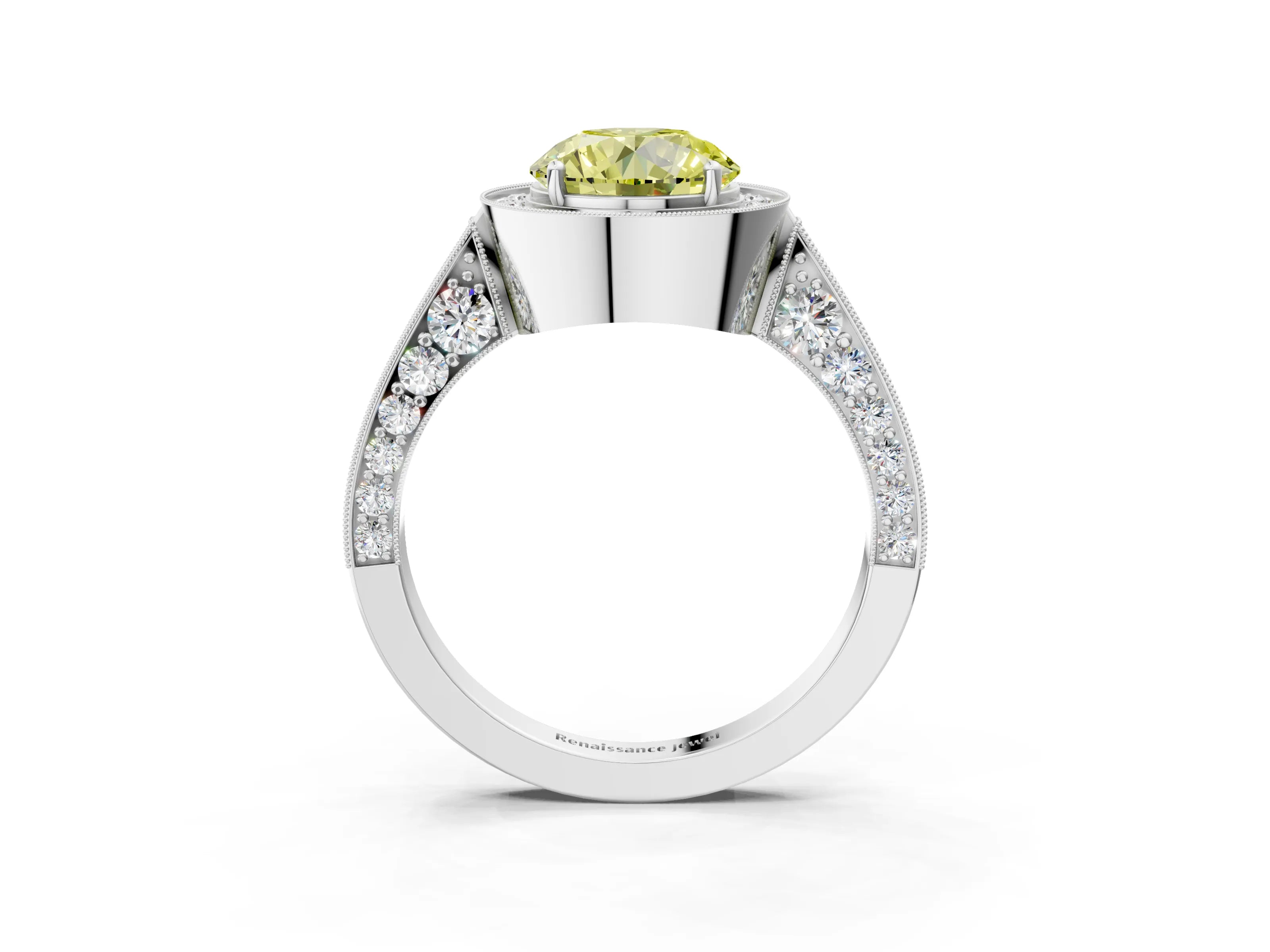 White gold Fancy Yellow Round Cut Halo Diamond Engagement Ring with Split Shank Band and Four-Prong Setting_15