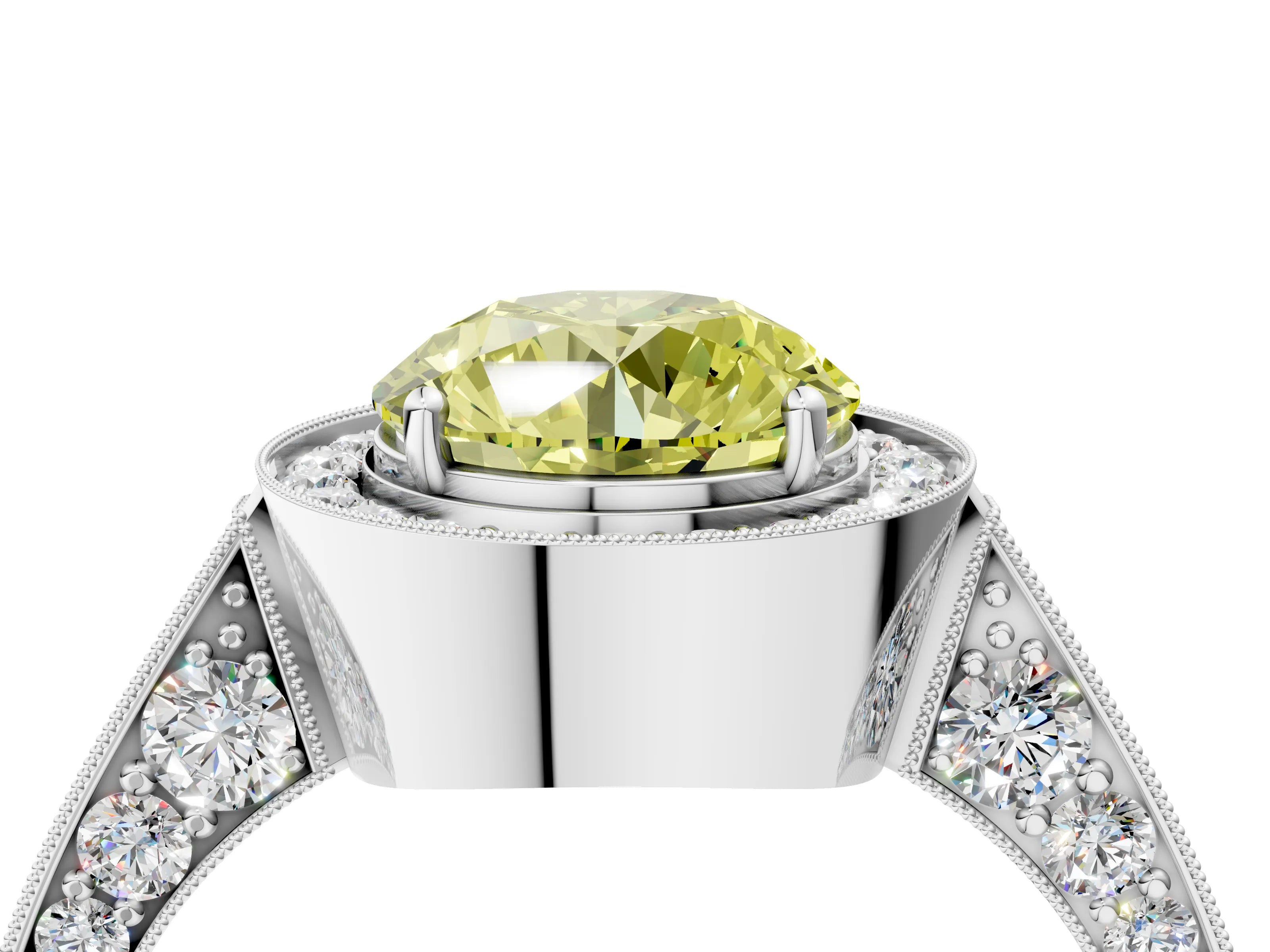White gold Fancy Yellow Round Cut Halo Diamond Engagement Ring with Split Shank Band and Four-Prong Setting_16