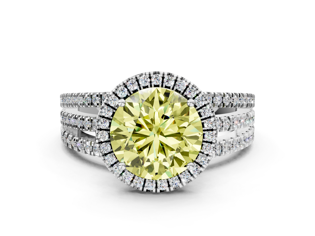 White gold Fancy Yellow Round  Cut Halo Diamond Engagement Ring with Split Shank and Four-Prong Setting