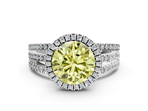 White Gold Round Halo Engagement Ring Setting for Fancy Yellow Center with Triple Row Split Shank