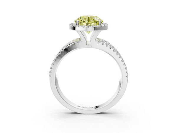 White Gold Round Halo Engagement Ring Setting for Fancy Yellow Center with Triple Row Split Shank