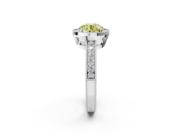 White gold Fancy Yellow Round  Cut Halo Diamond Pave Band Ring with Four-Prong Setting