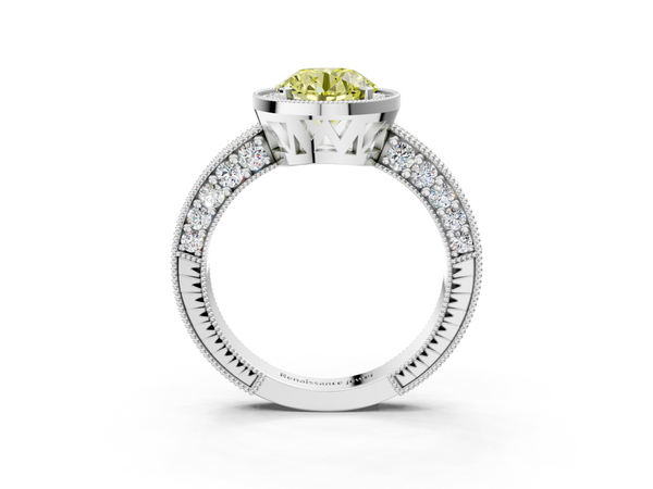 White gold Fancy Yellow Round  Cut Halo Diamond Pave Band Ring with Four-Prong Setting