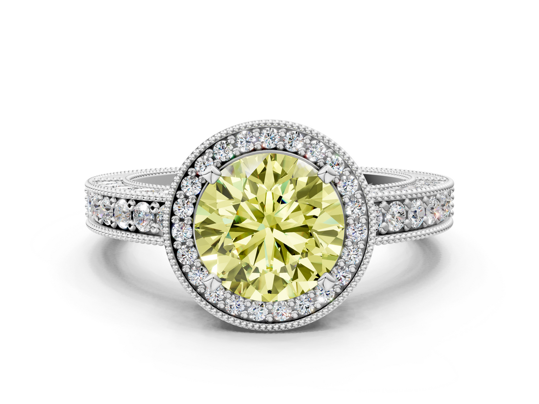 White gold Fancy Yellow Round  Cut Halo Diamond Pave Band Ring with Four-Prong Setting