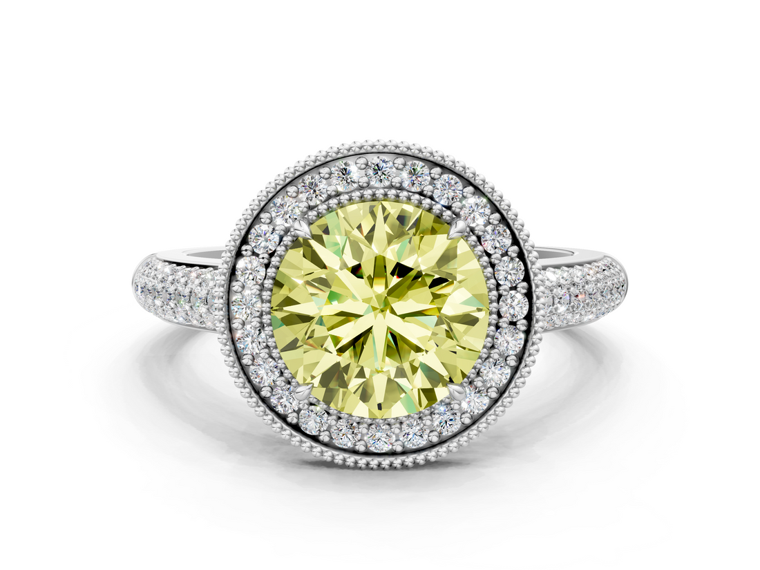 White gold Fancy Yellow Round  Cut Halo Diamond Pave Band with Four-Prong Setting