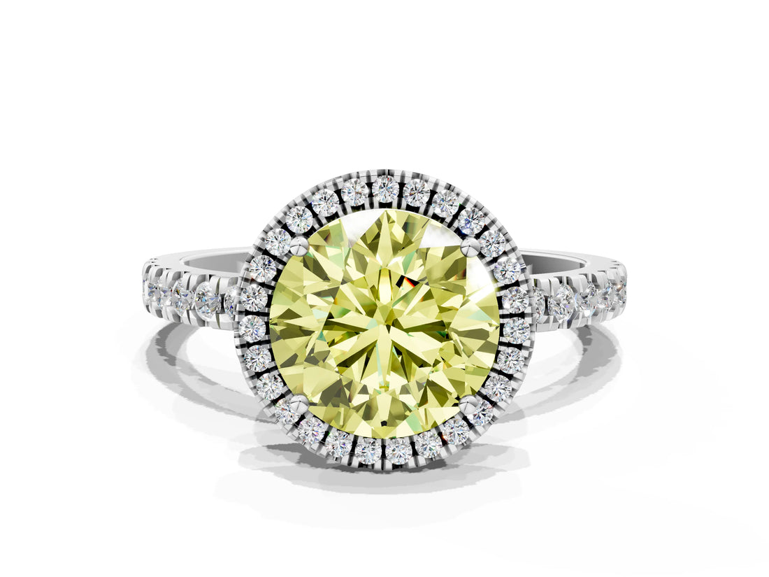 White gold Fancy Yellow Round Cut Halo Diamond Pave Band with Prong Setting_18