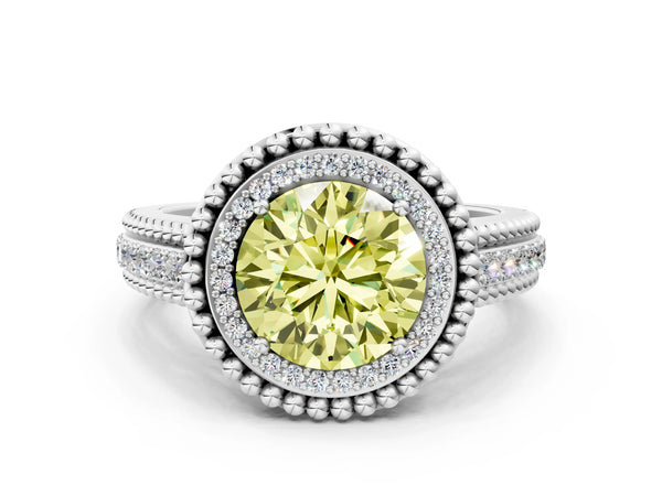 White Gold Round Beaded Halo Engagement Ring Setting for Fancy Yellow Center with Pave